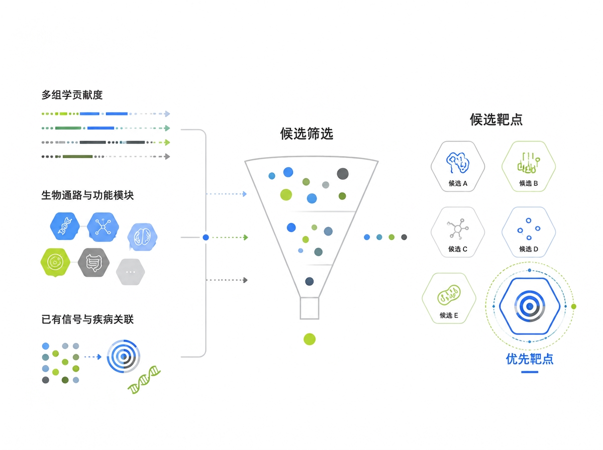 候选靶点筛选与优先级排序示意图